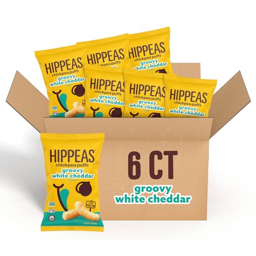 HIPPEAS Chickpea Puffs, Groovy White Cheddar, Gluten Free Snacks, Dairy Free, Vegan, 4oz, Pack of 6, 3g Protein, 2g Fiber, Crunchy, Nutritious, Baked Plant Protein Snack, Non-GMO, Kosher