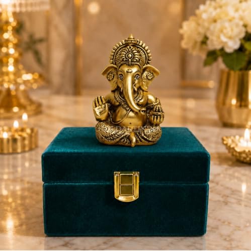 Image of Gold Art India Lord Ganesha 24K Gold Plated Idol | Antique Matte Finish | Premium Peacock Green Velvet Gift Box | Ganesh Murti for Home Temple, Office Desk & Car Dashboard | Luxury Spiritual Gift