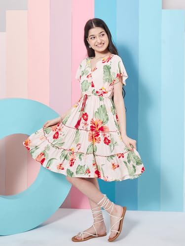 Image of Pspeaches Girl's Floral Printed Flared Sleeves Tiered Fit & Flare Dress Casual Wear Stylish & Trendy Choice