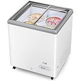 Commercial Ice Cream Dipping Cabinet Display Case, Slide Glass Top ice cream display freezer, 4 Large Displayed Tubs, 2 Storing Tube, Gelato Freezer Display Case, 5.7 Cu. Ft. Rolling, Lockable Wheels