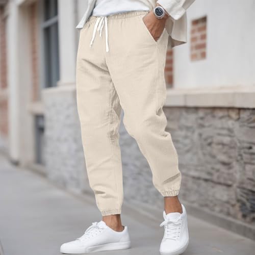 Summer Men's Solid Color Large Size Loose Linen Nine Minute Pants Harlan Pants Casual Mens Training Pants with3