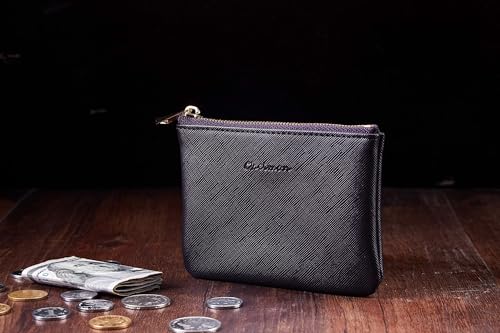 Image of Chelmon Genuine Leather Coin Purse Pouch Change Purse With Zipper For Men Women (CH Steel Purple)