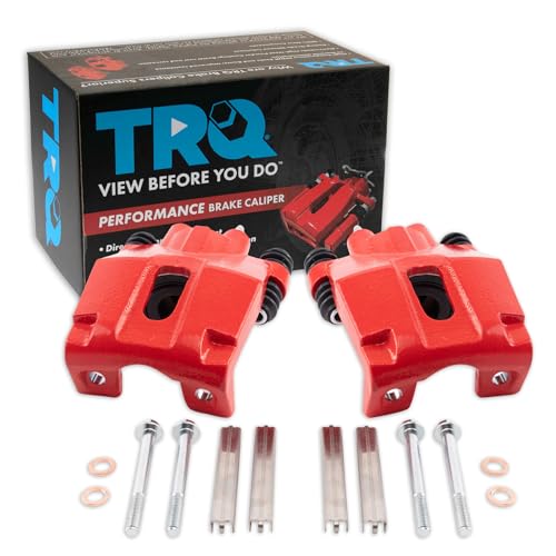Image of TRQ Rear Performance Brake Caliper Set Red Compatible with 2001-2010 Ford Explorer 2003-2010 Explorer Sport Trac 2003-2007 Jeep Liberty 2003-2006 Wrangler 2003-2005 Lincoln Aviator Mercury Mountaineer