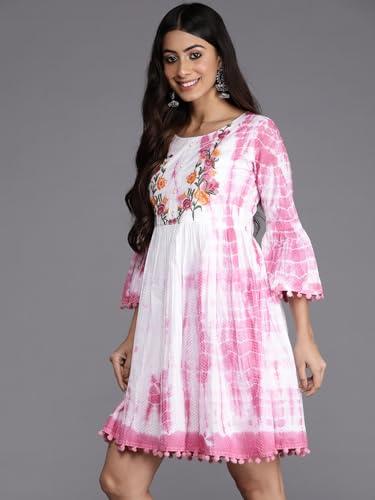 Image of Varanga Women Off White Shibori Printed Dress with Embroidered Yoke