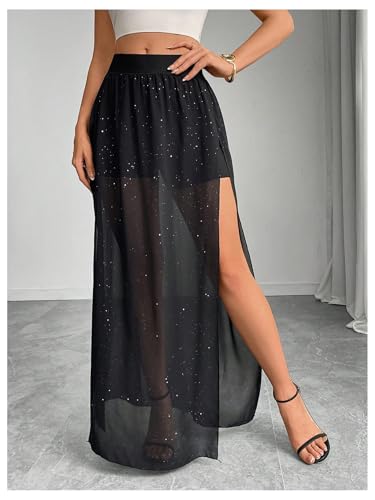 Women's Glitter Sheer Mesh Maxi Skirt Elastic Waist Split Party Long Skirts3