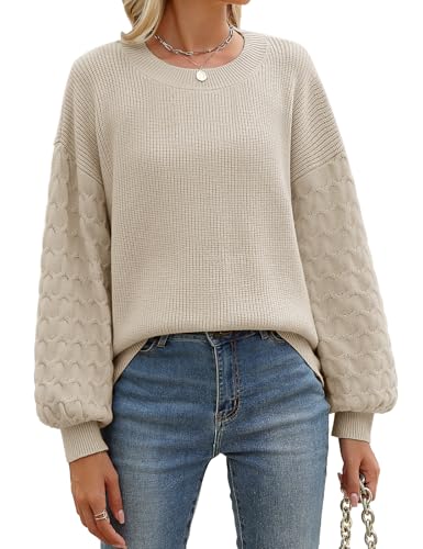 Heekpek Jersey Punto Mujer Cuello Redondo Suave Manga Larga de Linterna Cálido Suelto Suéter Elegante Otoño Invierno, Beige, S