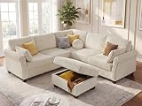 Arcrinte 90.6' V-Shaped Sectional Sofa with Storage Ottoman, Corduroy Beige