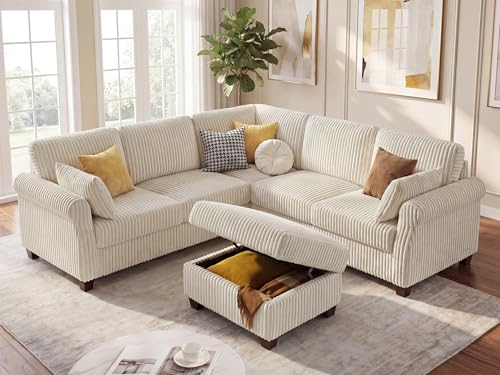 Arcrinte 90.6" L-Shaped Modular Sectional Sofa with Storage Ottoman, 6-Seat Corduroy Corner Couch with Deep Seat, Oversized Upholstered Sectional for Living Room, Bedroom, Apartment