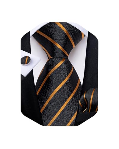Image of DiBanGu Striped Tie Set for Men Silk Woven Plaid Necktie and Pocket Square Cufflinks Business Wedding