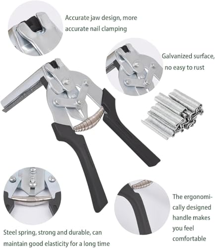 Image of Hog Ring Pliers Kit with 600 Pcs of Galvanized Steel Hog Rings, Hog Ring Chicken Duck Goose Dog Cat Rabbit Kit Clamp with Nail Groove, Repair Hand Tools for Animal Cages, Wire Fencing, Railing-Black