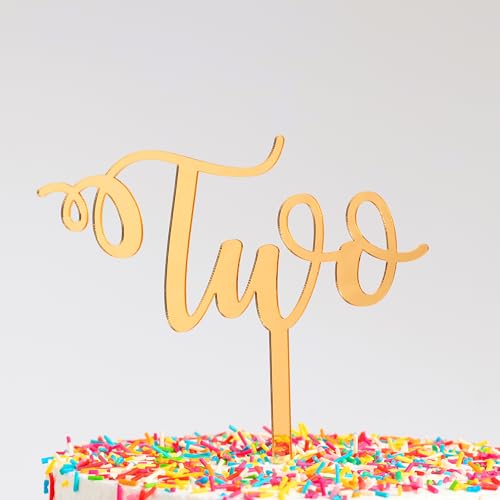 Image of Gold Acrylic Cake Topper - inchTWO inch with Tiara /Crown | Second Birthday Cake Decoration for Girls & Boys | Elegant Reusable Topper for Birthdays, Anniversaries & Events