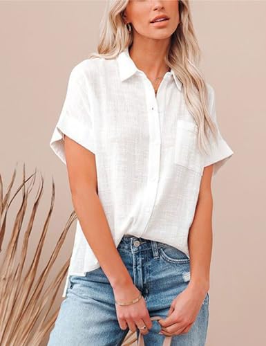 Women's Cotton Linen Button Down Short Sleeve Shirt 2025 Summer Linen Tops Blouses with Pocket ﻿4