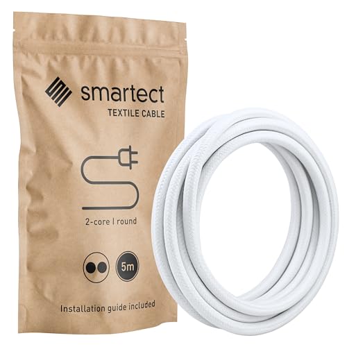 smartect Textilkabel Weiß 5 Meter Vintage Lampenkabel Stoff 2-Adrig (2 x 0.75 mm) Stromkabel Textilummantelt für eigenes DIY Projekt