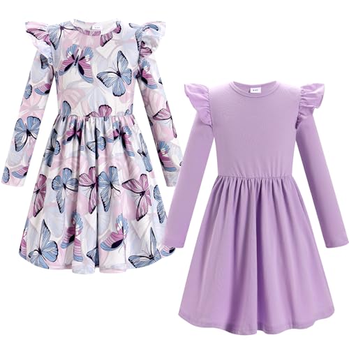 FYMNSI Kids Girls 2 Pack Long Sleeve Dress Toddler Fall Winter Clothes Butterfly Floral Ruffle Casual Holiday Dresses