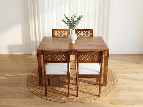 Image of RECTART Solid Wood Dining Table Set with Chairs for Living Room Home | Wooden Dining Room Sets Furniture for Hotels and Restaurants | (CNC-Cream-N, 4 Seater)