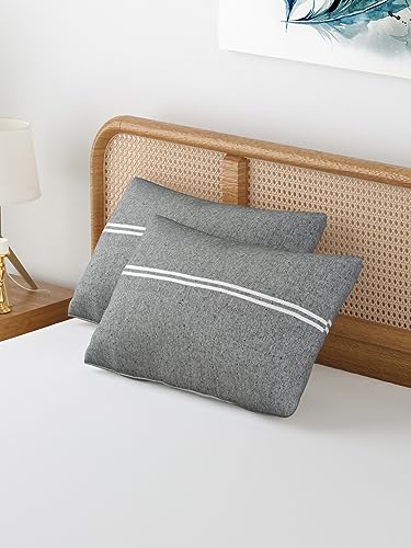 Image of 180 TC Pillow Cover Set of 2 | Pillow Cover Cotton 100% | Pillow Cover Set of 2 King Size | Wrinkle Free & Fade Resistance | Striped Pattern | Standard Size | All Season Use (Dark Grey)
