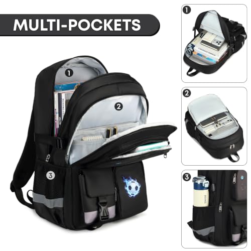 Image of 3PCS Boys Backpack for School Kids Schoolbag Teens Book Bag | Teen Boys Elementary Middle School Backpack College Student Bookbag with lunch box Children Waterproof Laptop Bag Black