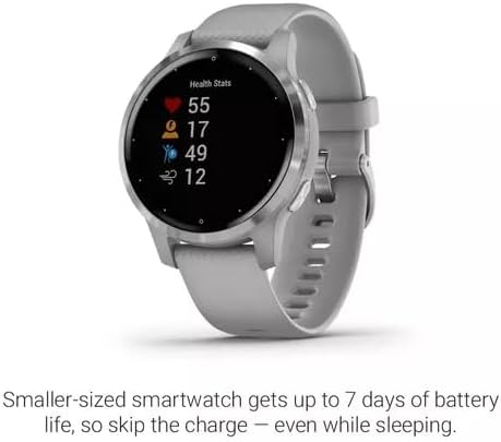 Garmin vivoactive 4S, Smaller-Sized GPS Smartwatch, Features Music, Body Energy Monitoring, Animated Workouts, Pulse Ox Sensors and More, Silver with Gray Band