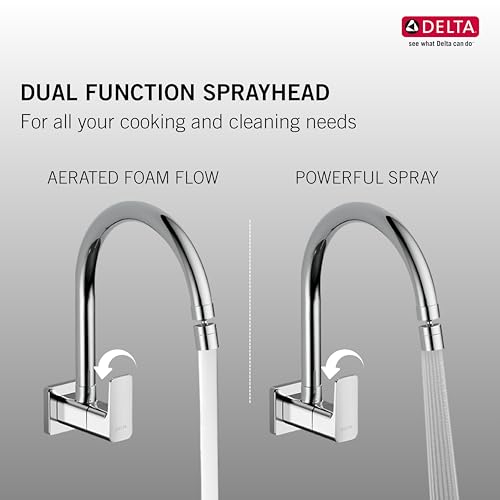 Image of Delta Faucet Wall Mount Cold Only Kitchen Faucet I 10 Year Warranty I Korby Single Handle Multi-Function Kitchen Sink Tap I 360 Swivel Spout I Durable Kitchen Tap I Chrome - 44405
