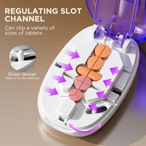 Image of Pill Cutter Splitter for Small and Tiny Pills, 1 /2 1 /4 Pill Splitter for Small Pills,Tablets in Half or Quarters, Accurate and Easy Cutting, Stainless Steel Blade, Back Storage (Purple)