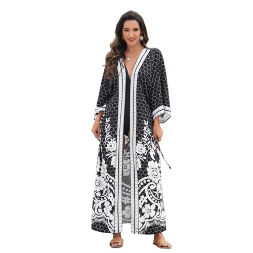 Kimono de plage pour femme ouvert devant avec bande taille et fleurs