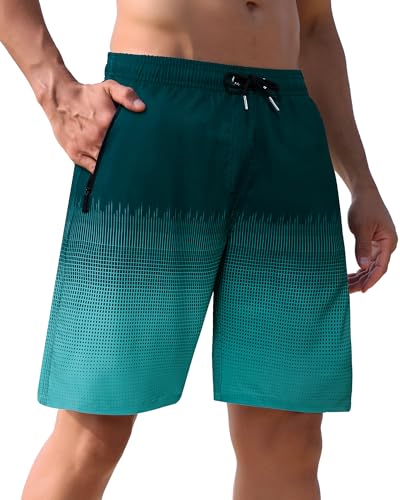 APTRO Men's Swimming Shorts Board Shorts with Zip Pockets Quick Dry Beach Shorts Gradient Swim Shorts with Mesh Lining Peacock Green MK077 L