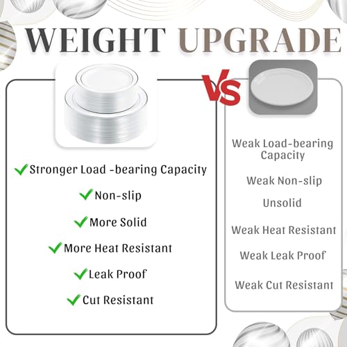 Image of WDF 120PCS Plastic Plates White Silver Rim - Disposable Plates including 60PCS for Dinner 10.25inch, 60 Salad /Dessert Plates 7.5inch Heavy Duty Wedding Party Birthday