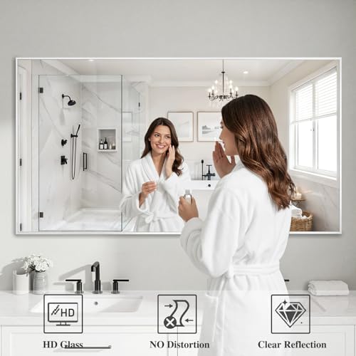 Image of Koonmi White Rectangle Wall Mirror, 30x60 Inch Bathroom Mirror, Aluminum Frame Vanity Mirror for Entryway, Living Room, Bedroom Bathroom, Hangs Horizontally or Vertically