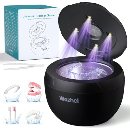 Ultrasonic Retainer Cleaner Machine 45kHz Dental Cleaning Pod for Denture, Night Mouth Guard,Aligner, Braces, Toothbrush Head (Black)