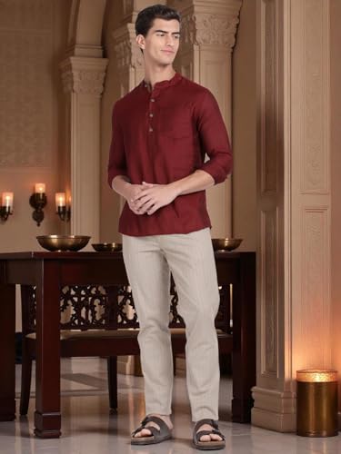 Image of KRYPTIC Men's Full Sleeve Regular Fit Short Kurta in Premium Pure Cotton with Patch Pocket and Mandarin Collar - Perfect Blend of Style and Comfort