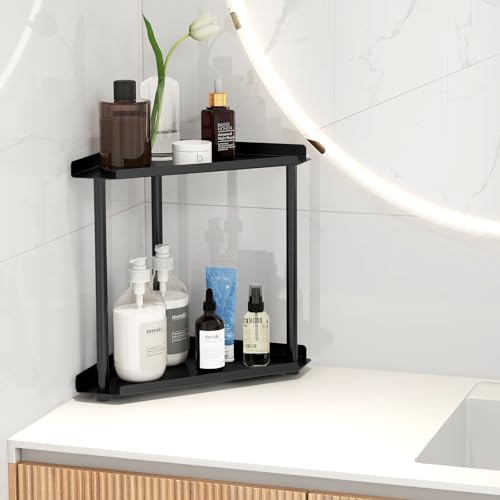 Image of FLE Corner Bathroom Counter Organizer, Bathroom Organizer Countertop Black | 2 Tier Corner Shelf, Tabletop Mount,Waterproof solid shelf fits bathroom toiletries and kitchen condiment storage.