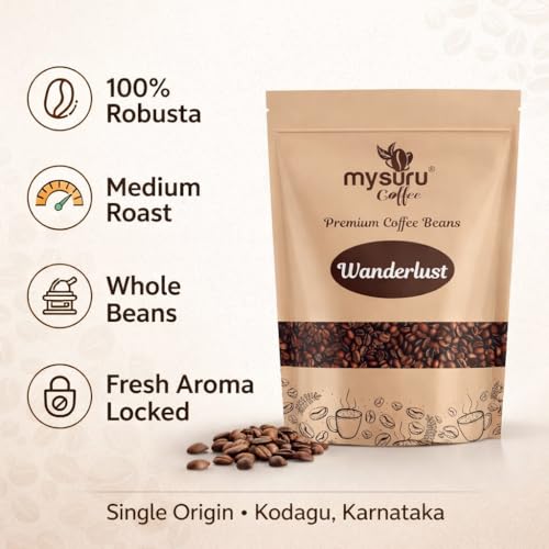 Image of Mysuru Coffee Premium Whole Roasted Beans [250g - WANDERLUST] Pure Robusta - 100% Cafe Blend Medium Roast Fresh Single Origin Coffee