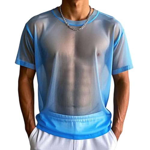 YINYOUYU Mens Mesh Shirt See Through Top Sexy Muscle Tee Lounge Short Sleeves Sheer Breathable T-Shirt Clubwear