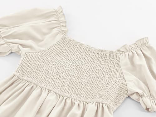 Girls Square Neck Dress Ruffled Puff Sleeve Smocked A Line Dresses 3-14 Years3