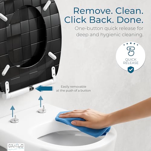 Image of Sanilo Wooden Toilet Seat with Quick Release & Soft Close [ROUND] - Decorative & Slow Close Molded Wood Seat - With One Click for Easy Installation & Cleaning - With Adjustable Fit (Cube)