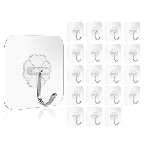 Image of BRAND VILLA Flower Shape Transparent Adhesive Wall Hooks Heavy Duty Waterproof Self Adhesive No Drill Damage Free Sticky Hooks for Bathroom Kitchen Door Towel Key Holder Pack of 20