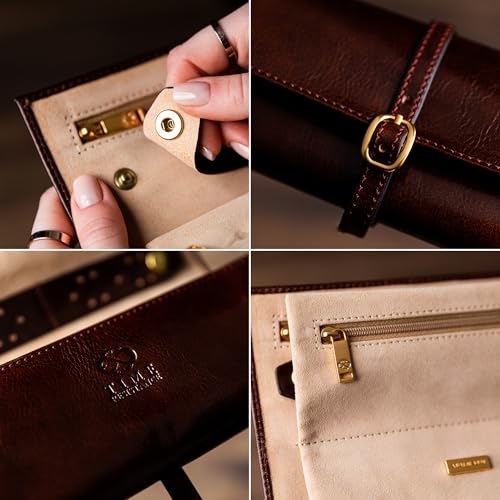 Image of Time Resistance Leather Jewelry Roll - Full Grain Leather Travel Jewelry Case - Jewellery Organizer Made in Italy (Brown)