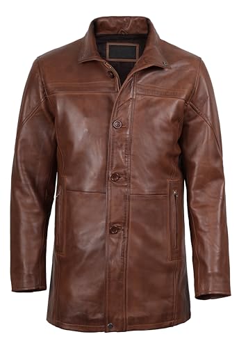 Image of fjackets Men's Lambskin Leather Car Coat - Stylish Long 3 /4 Casual Leather Jacket Men Outerwear