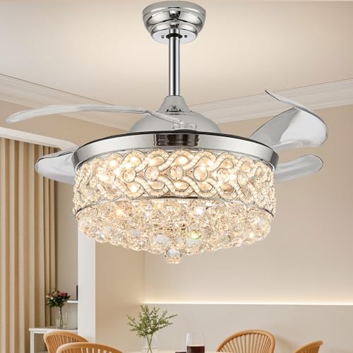 DuMaiWay Ventilador de techo con forma de araña, 122 cm, cristal retráctil moderno, hoja invisible, iluminación LED con mando a distancia para dormitorio, comedor, 3 cambios de luz, color plateado