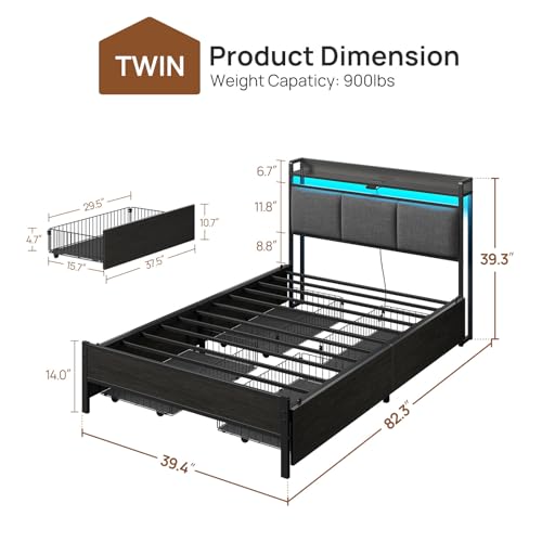 Image of Rolanstar Bed Frame Twin Size with Charging Station and LED Lights, Upholstered Storage Headboard with Drawers, Heavy Duty Metal Slats, No Box Spring Needed, Noise Free, Easy Assembly, Dark Grey