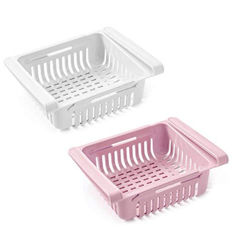 Keilafu organizador nevera, cajones nevera, Organizador de cajones de nevera colgante de 2 piezas, organizador de despensa de refrigerador ajustable para verduras, frutas, huevos(blanco, rosa)