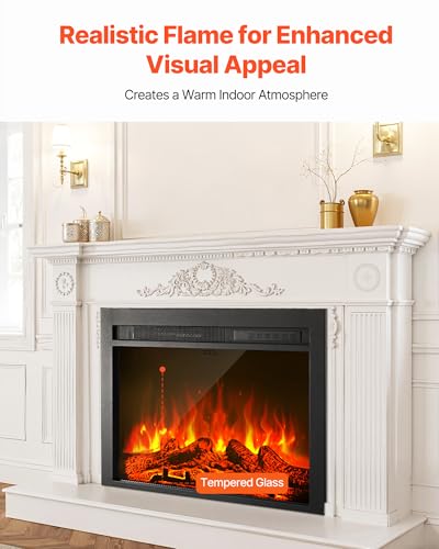 Image of VEVOR 28.5 inch Electric Fireplace Insert, Recessed & Wall-Mount, 5000BTU Indoor Heater with Adjustable Realistic Flame Colors & Brightness, 8h Timer, Tempered Glass, 750W /1500W Dual Heat, Black