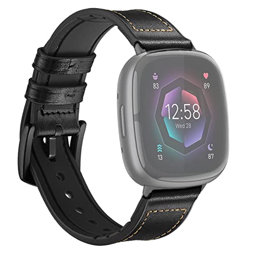 YOOSIDE Skóra naturalna z podszewką silikonową do zegarka na rękę Fitbit Versa 3 / Versa 4, pasek skórzany, miękki, odporny na pot, męski pasek do zegarka z zapięciem ze stali nierdzewnej, kompatybilny z Fitbit Sense/Sense 2