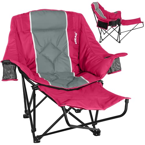 USKAU Camping Chair with Removable Footrest, Oversized Outdoor Chair with Headrest & Cup Holders, 300lb Capacity Lawn Chair for Sports Backyard Fishing