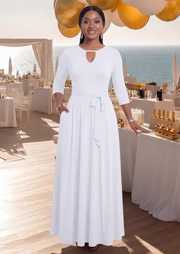 Image of MarryUP Women 2025 Casual Loose Maxi Dress with Pockets V Neck Short Sleeve Tiered Long Summer Beach Swing Dresses