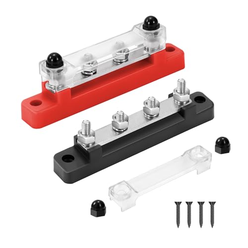 GUNGY Bloc de Distribution D'alimentation 12V-48V DC BusBar 150A Barres de Distribution D'énergie avec 4 x M6 Boulons de Borne pour Voiture Camion Bateau Rouge Noir 2 Pièces