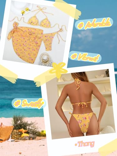 Women Sexy 3 Piece Floral Smocked Bikini Set, Halter Triangle Tie String Swimsuit, Thong Bathing Suit Cover Up Skirt4