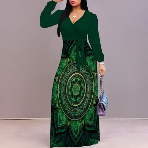 Image of Women's Plus Size Maxi Dresses Long Sleeves V Neck Floral Print Bohemian Swing Long Dress with Belt