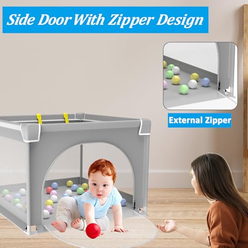 DJEDJEO Laufgitter 90x90cm, Faltbarer Baby Laufstall Mit Reißverschlusstür, Rutschfester Basis, Atmungsaktivem Netz an Vier Seiten, Grau