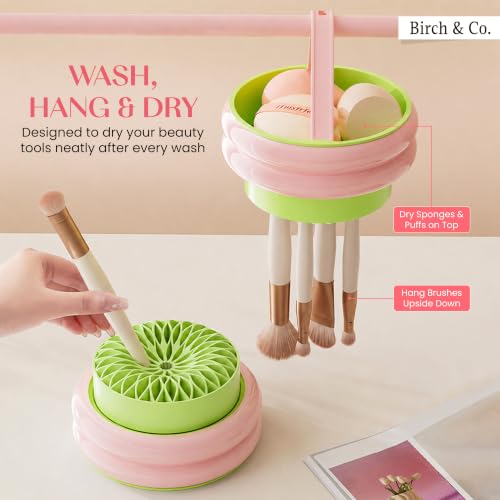 Image of Birch & Co. 4-in-1 Makeup Brush Holder Organizer with Dustproof Lid,Silicon Brush Cleaning Mat & Hanging Drying Rack, Portable Makeup Organisers Case for Sponges, Puffs & Brushes, Pink & Green